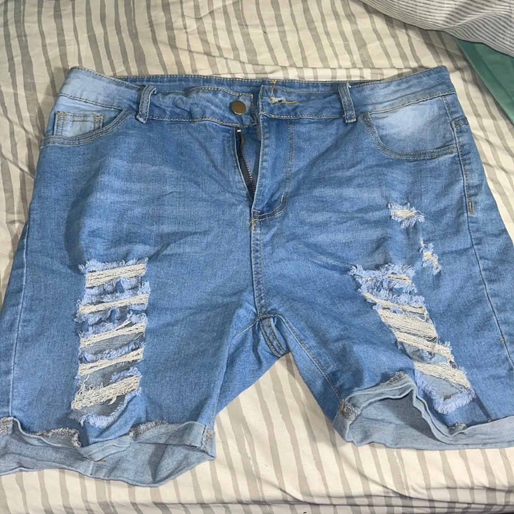 Shein Blue ripped knee high jean shorts